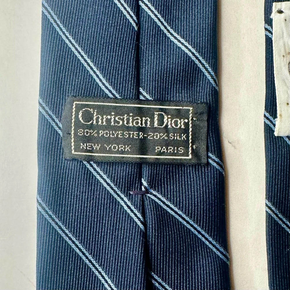 Vintage DIOR Embroidered Navy Blue Striped Classic Tie, 3”